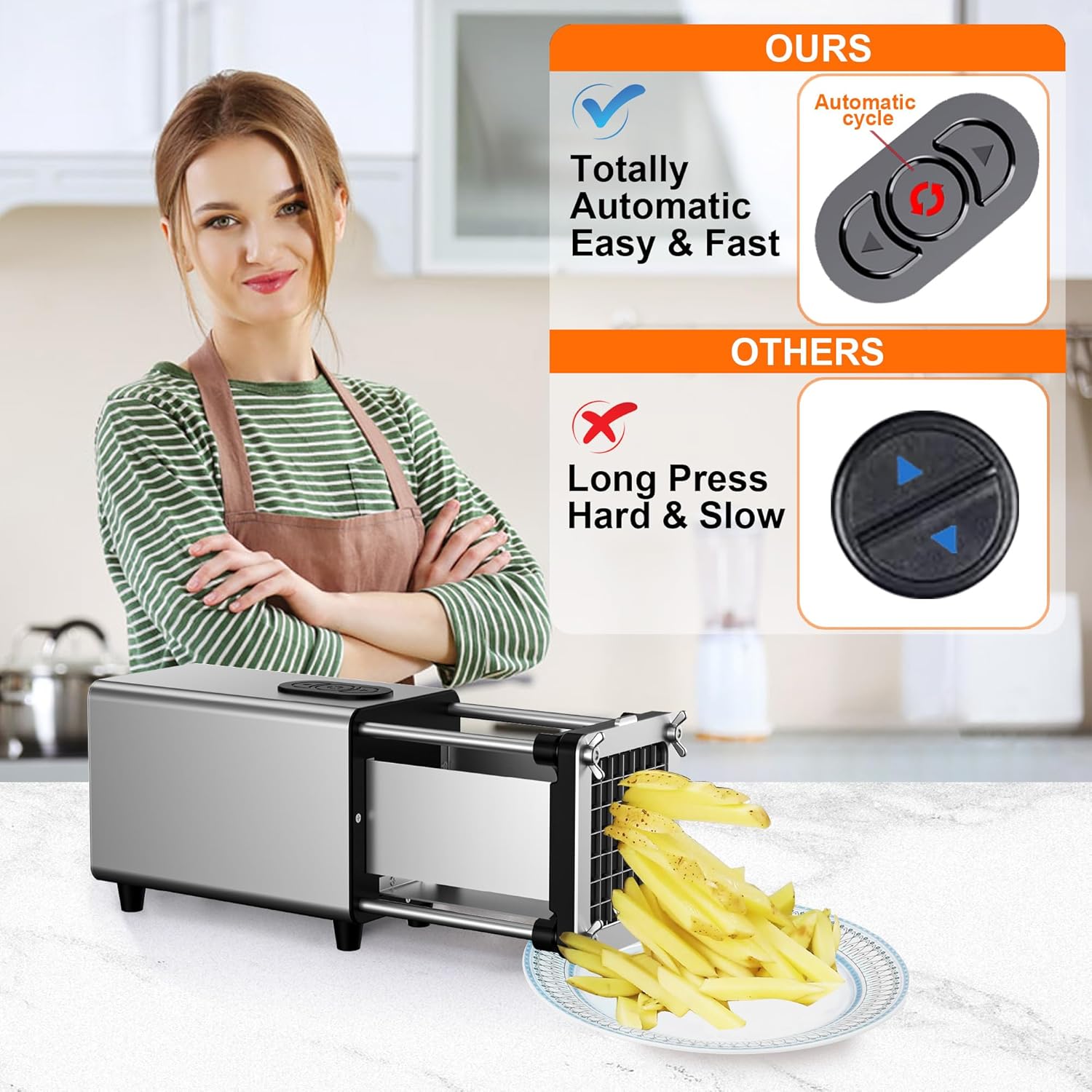 Electric French Fry Cutter, Automatic Fry Cutter Stainless Steel with 1/2 & 3/8 Inch Blade for Homemade Fries, french fry cutter for Potatoes,Vegetable Cutter, House Warming Gifts (silver)