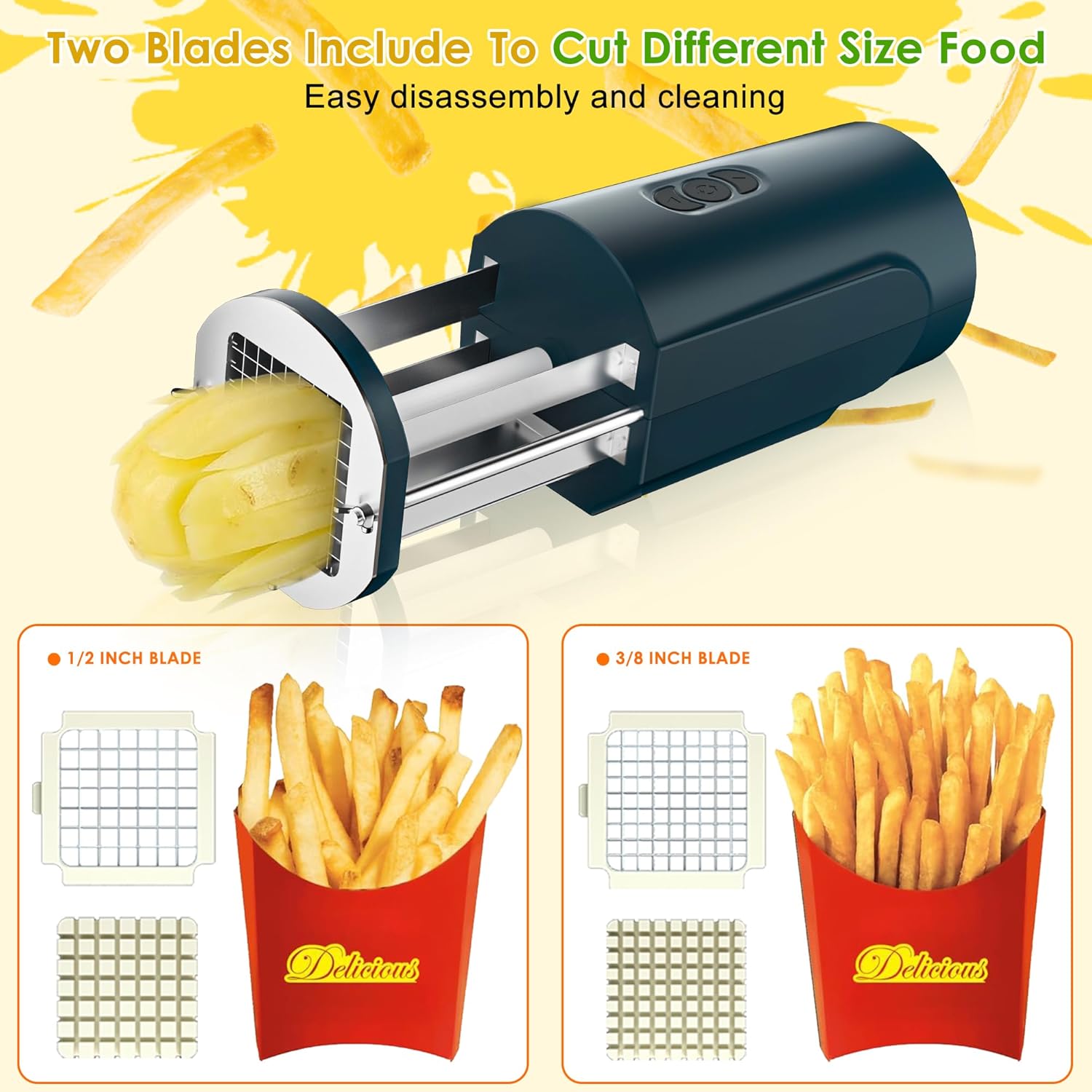 Electric French Fry Cutter, Automatic Potato Cutter Stainless Steel with 1/2 & 3/8 Inch Blade, Commercial and Household Potato Slicer, Vegetable Cutter, Use for Potato Carrot Apple