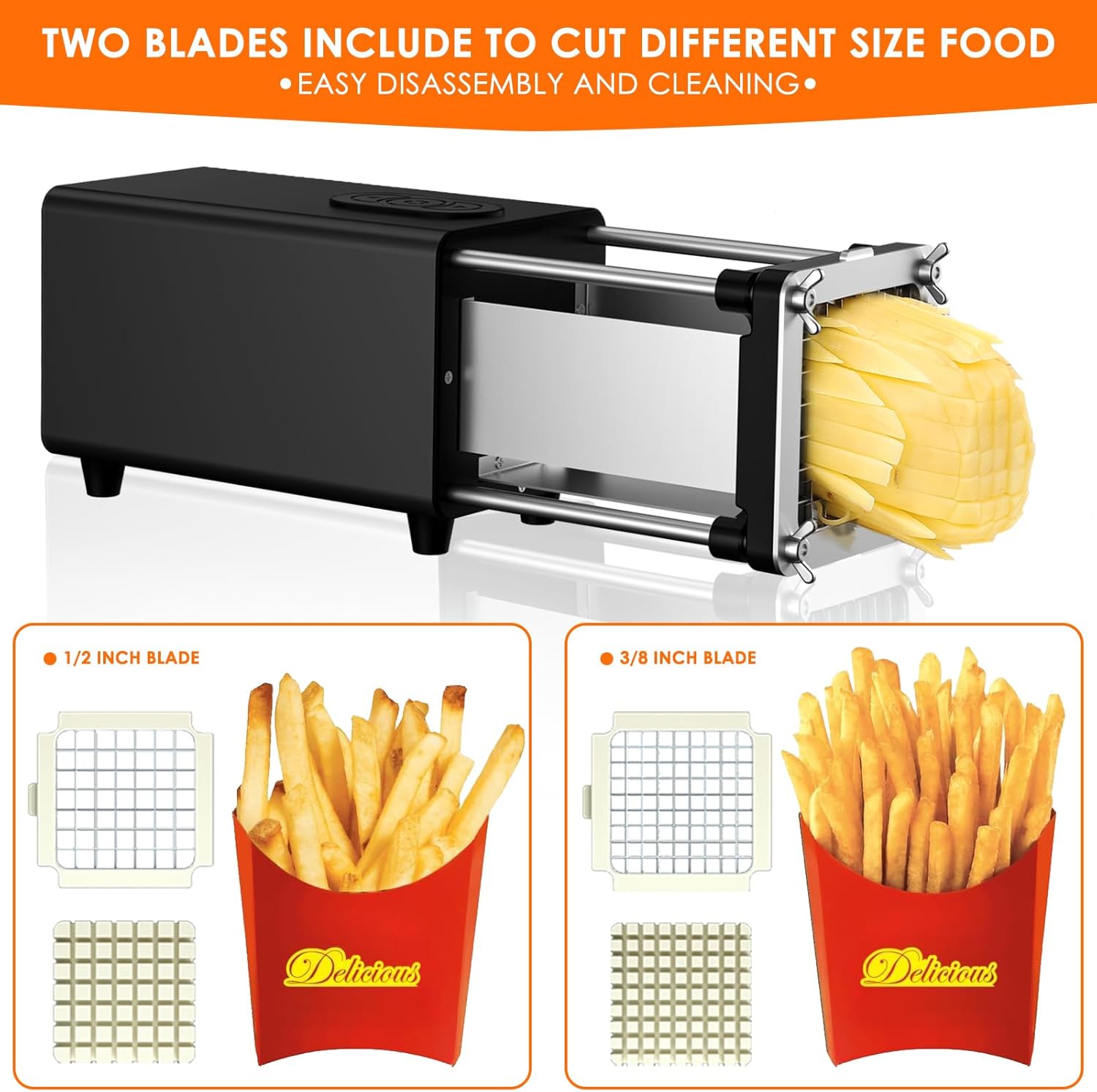 Electric French Fry Cutter, French fries cutter with 1/2 & 3/8 Inch blade, Automatic potato cutter, Professional commercial and household potato slicer, use for potato, carrot, apple (Black)