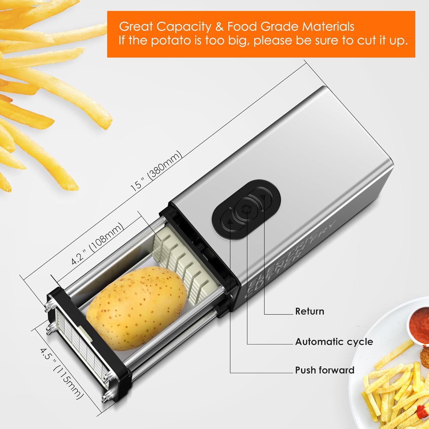 Electric French Fry Cutter, Automatic Fry Cutter Stainless Steel with 1/2 & 3/8 Inch Blade for Homemade Fries, french fry cutter for Potatoes,Vegetable Cutter, House Warming Gifts (silver)
