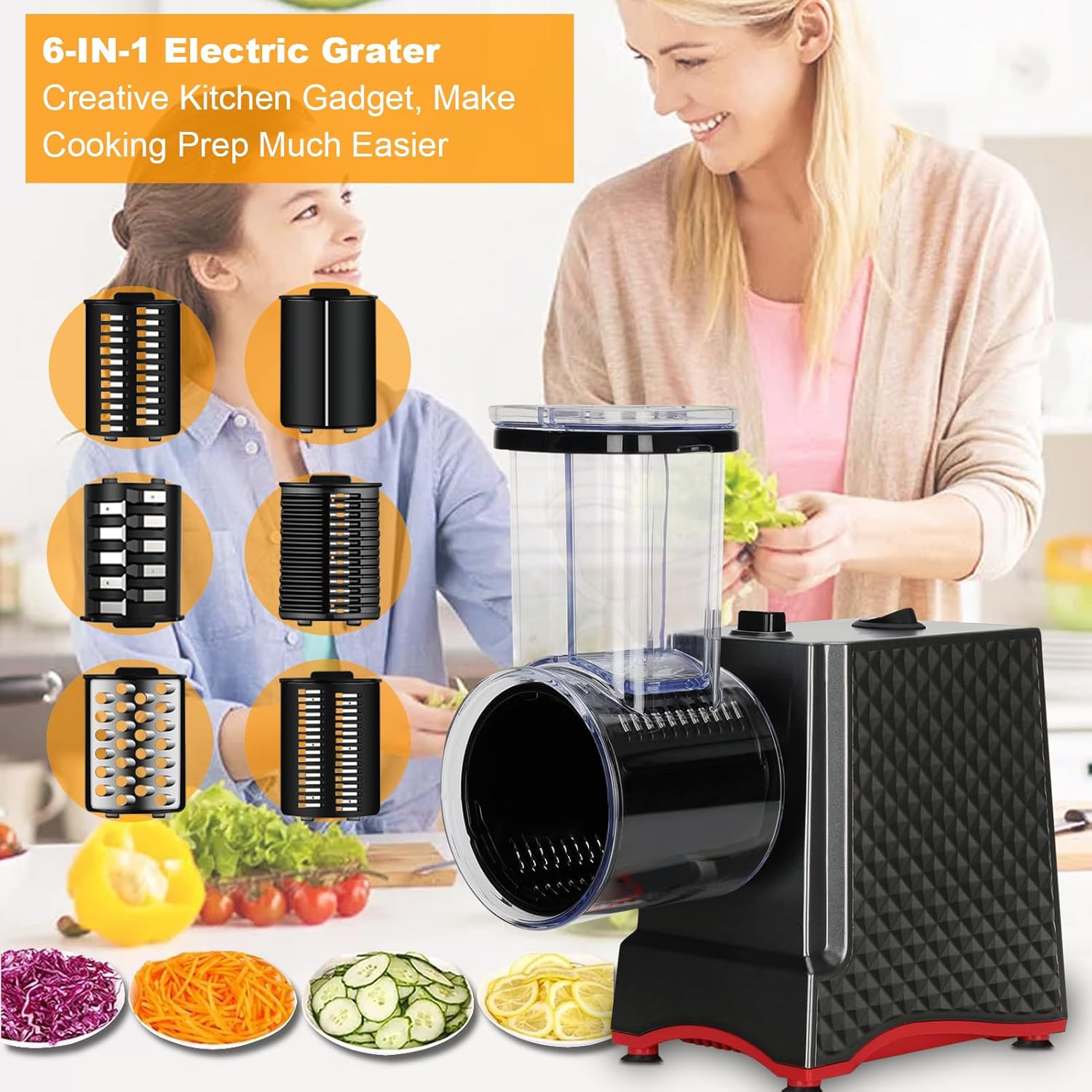 Electric Cheese Grater with 5 Stainless Steel Blades – Coarse, Fine, Slicer, Wavy Slicer & Grinder – Quick & Easy Food Prep